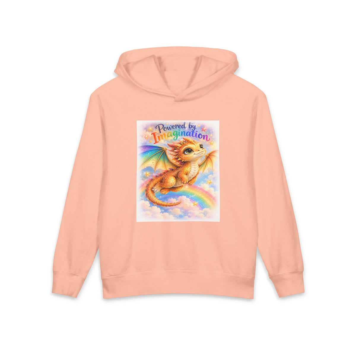 Youth Hoodie — "Powered by Imagination" Cute Rainbow Dragon Graphic