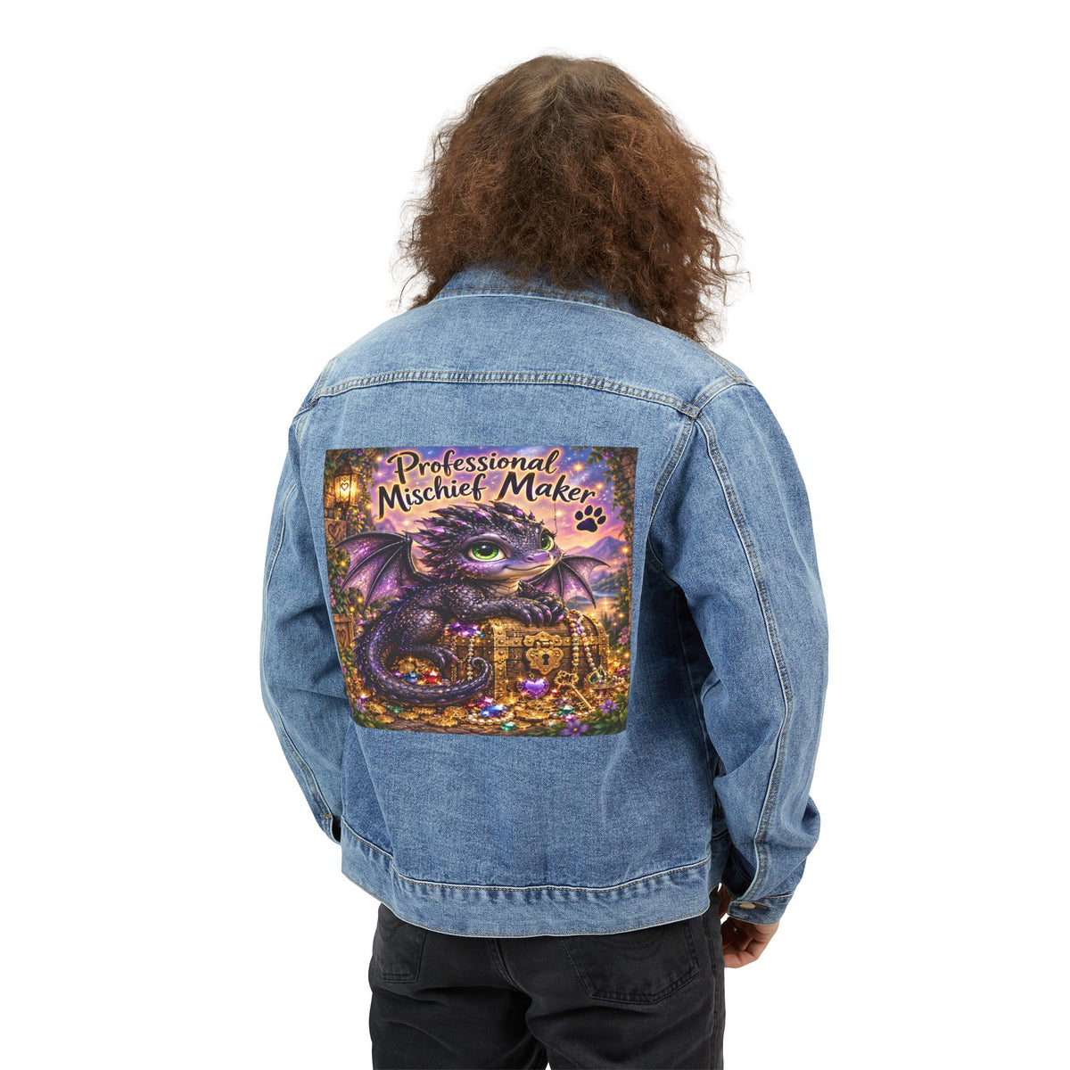 Denim Jacket — 'Professional Mischief Maker' Dragon Patch Back Graphic