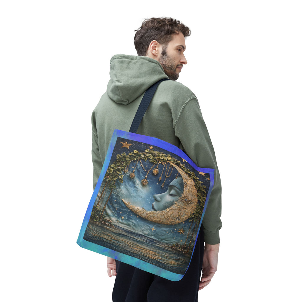 Sleeping Moon Face Tote Bag | Celestial Moonlight Illustration