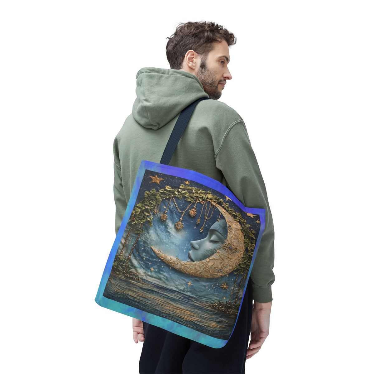 Sleeping Moon Face Tote Bag | Celestial Moonlight Illustration