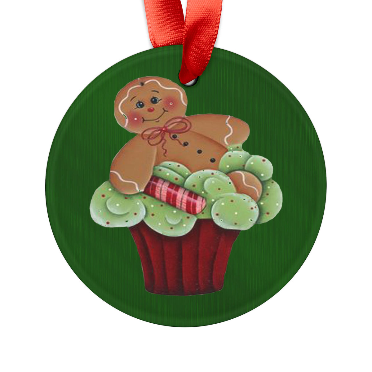 Gingerbread Cupcake Acrylic Ornament — Holiday Christmas Tree Decoration with Red Ribbon