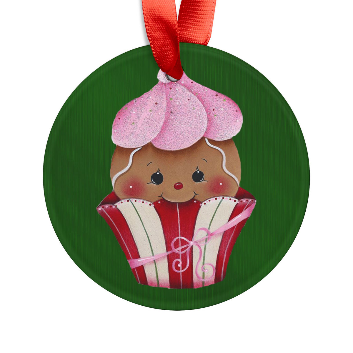 Cupcake Ornament Acrylic Holiday Ornament — Cute Gingerbread Cupcake with Pink Frosting Ribbon
