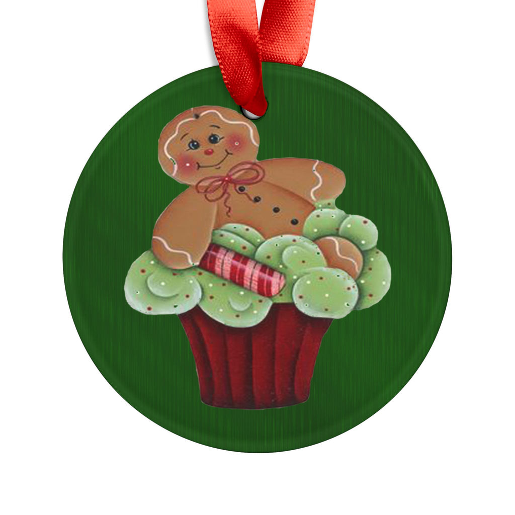 Gingerbread Cupcake Acrylic Ornament — Holiday Christmas Tree Decoration with Red Ribbon