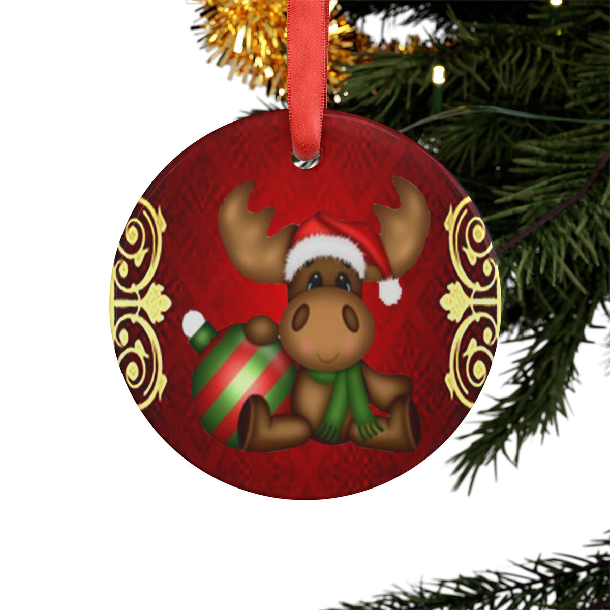 Cute Santa Moose Acrylic Ornament — Holiday Christmas Tree Decoration with Ribbon