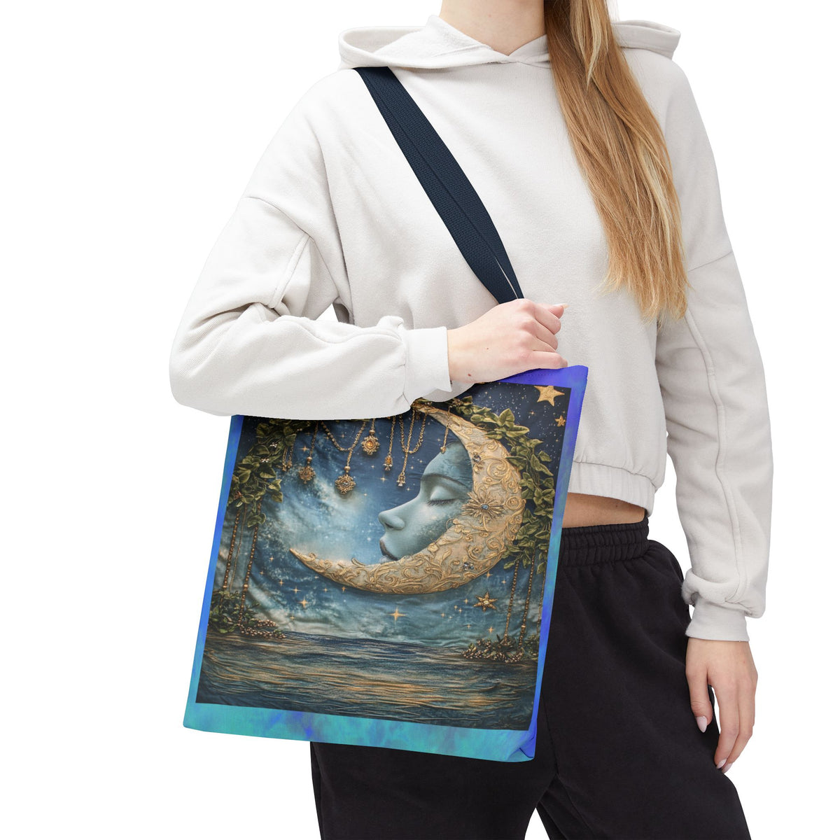 Sleeping Moon Face Tote Bag | Celestial Moonlight Illustration