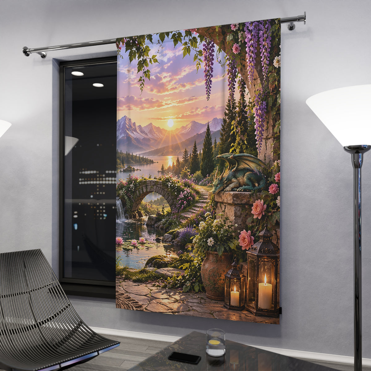 Fantasy Sunset Curtain — Enchanted Garden Scenic Window Panel