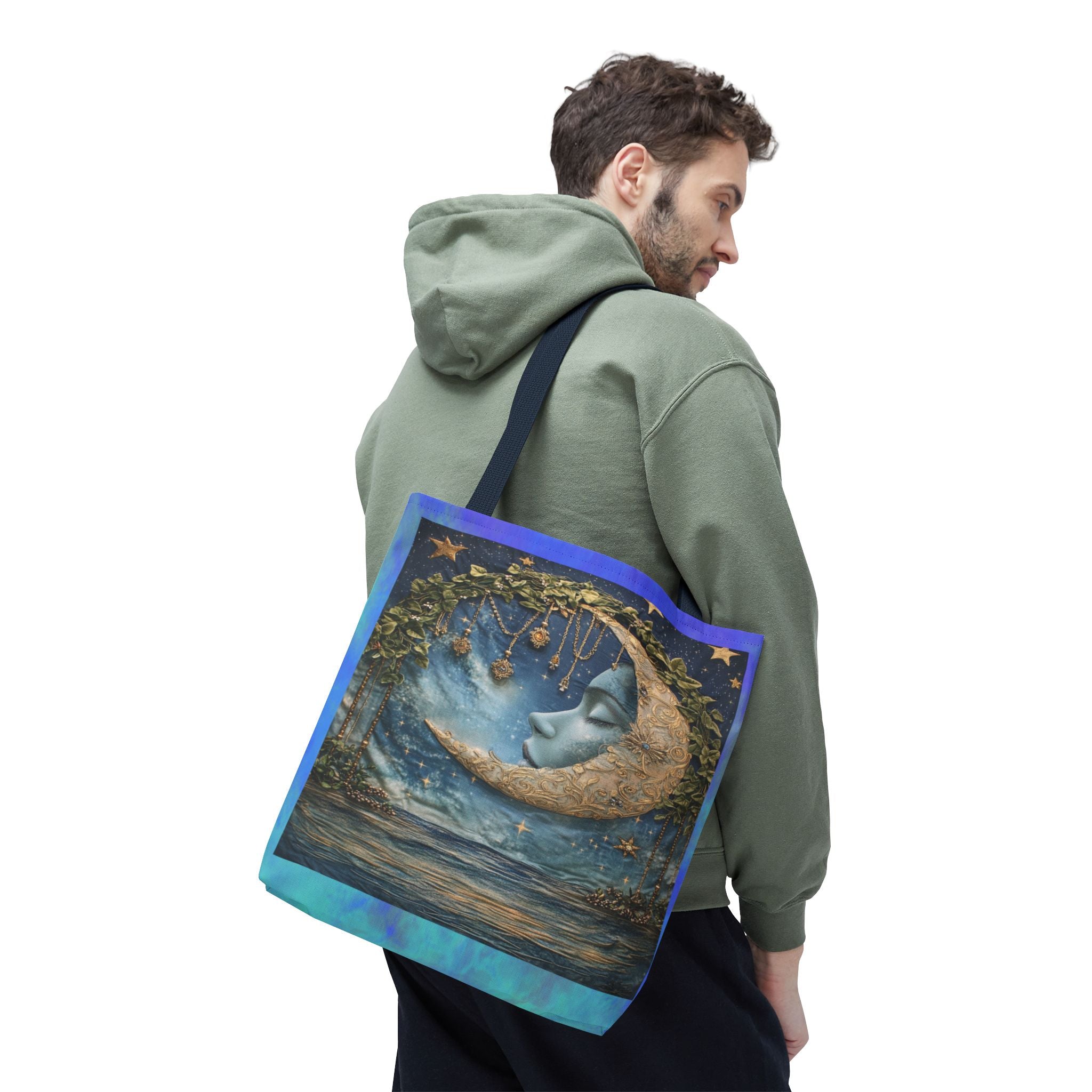 Sleeping Moon Face Tote Bag | Celestial Moonlight Illustration