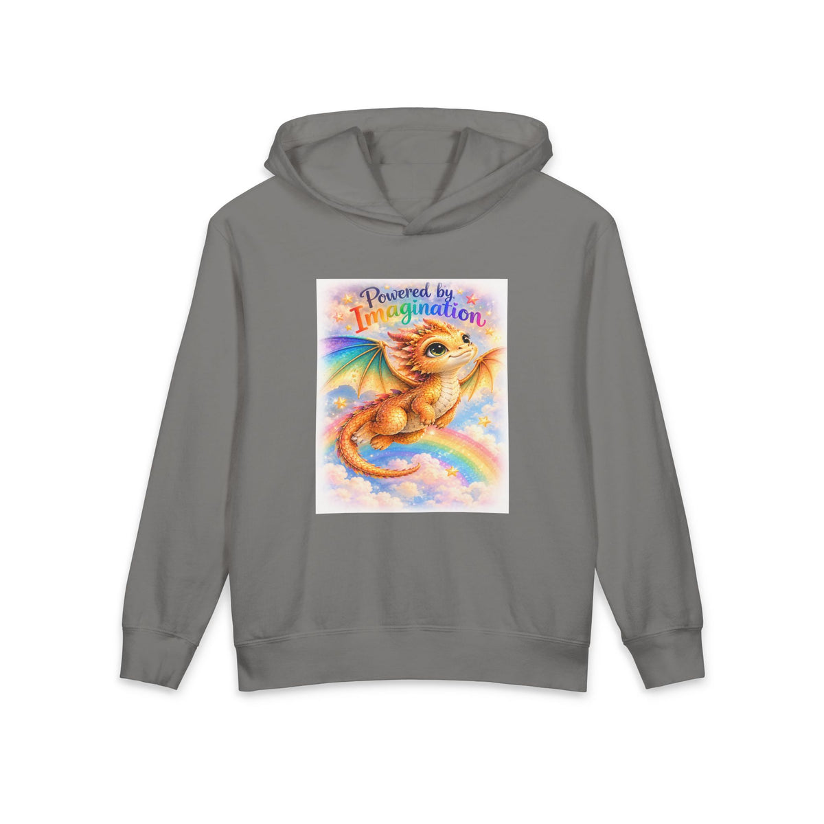 Youth Hoodie — "Powered by Imagination" Cute Rainbow Dragon Graphic